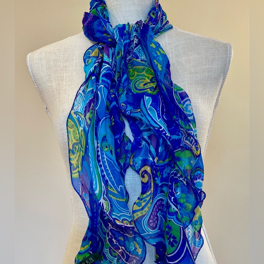 Ralph Lauren Silk Chiffon Scarf Turquoise Blue Green Purple Paisley Pucci Colors